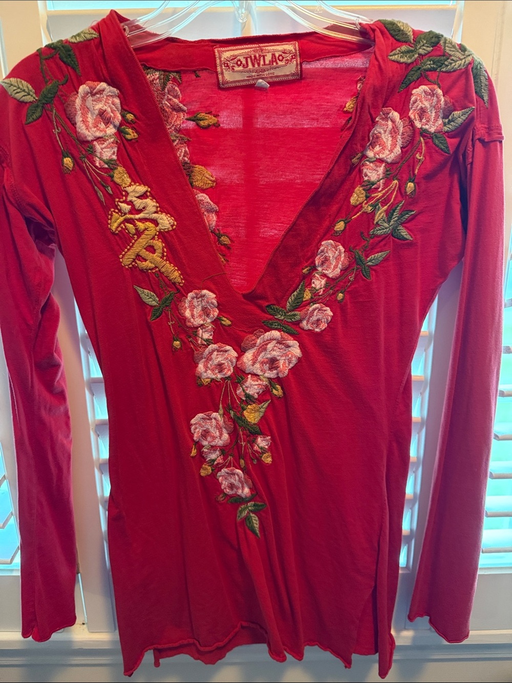 Johnny Was Red Floral Embroidered V-Neck Long Sleeve Top